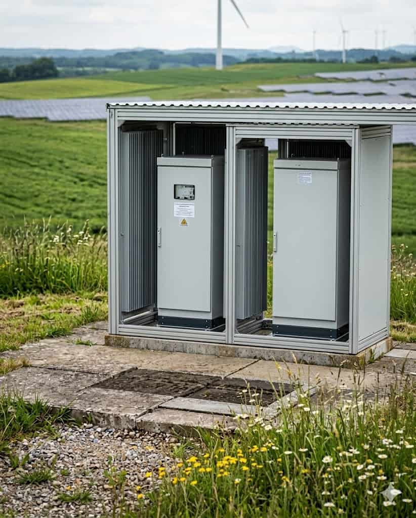 MV Collection system Outdoor medium-voltage electrical cabinets in a renewable energy site with solar panels and wind turbines in the background