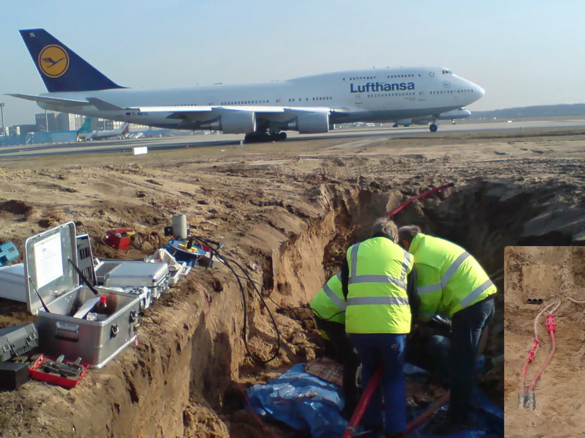 LoviSil Connection Splice installed in contaminated soil at an airport to protect medium voltage cable networks from chemical attack