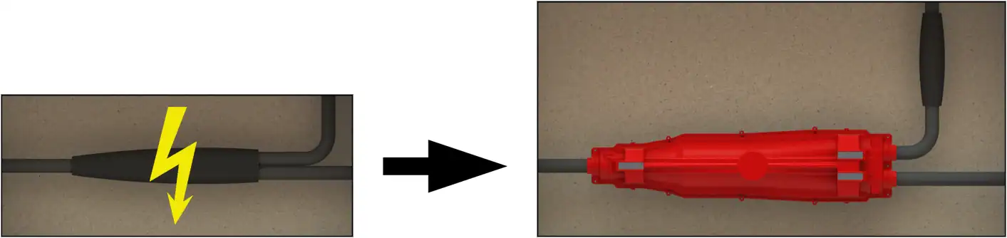 Repair 1 kV branch connection showing a damaged low-voltage cable splice replaced with a resin-filled repair housing.