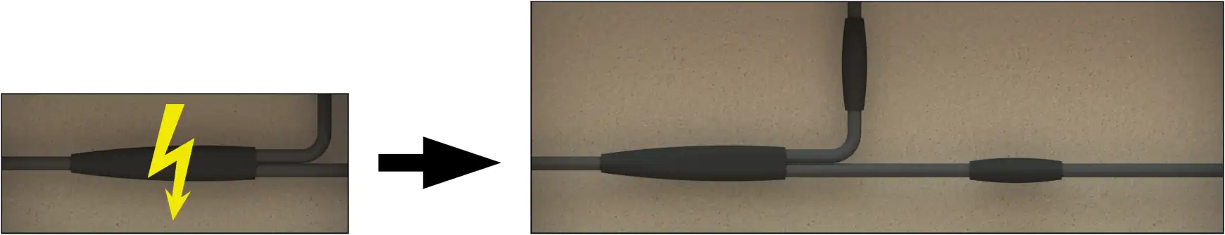 Replacement module for repairing a 1 kV branch cable splice in a low-voltage distribution network.